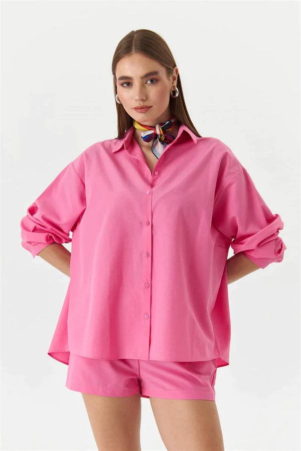 Яскраво-рожевий бавовняний літній сет сорочка та шорти all-ukrainian
